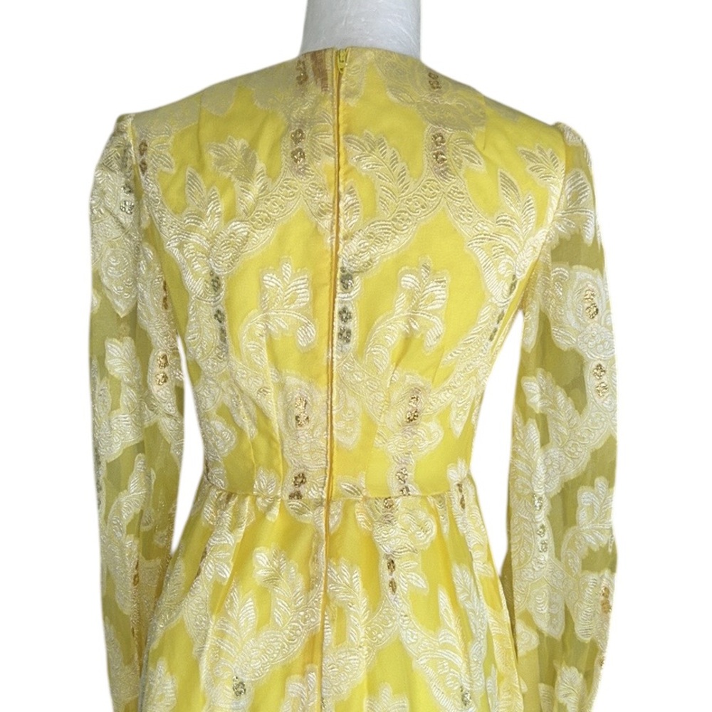 Vintage Handmade Yellow Metallic Gold Silver Floral Jacquard Maxi Dress Gown  XS - Picture 6 of 9